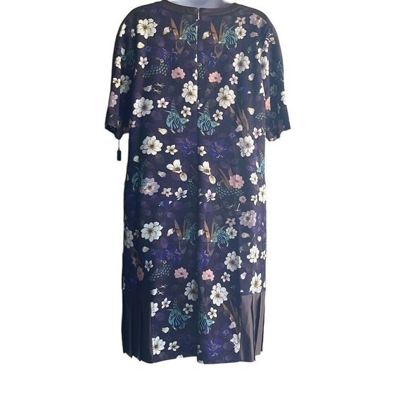 Marc Cain Purple Floral Bird Faux Leather Trim Dress Pockets US 12 N5 NWT $440 - Picture 2 of 12